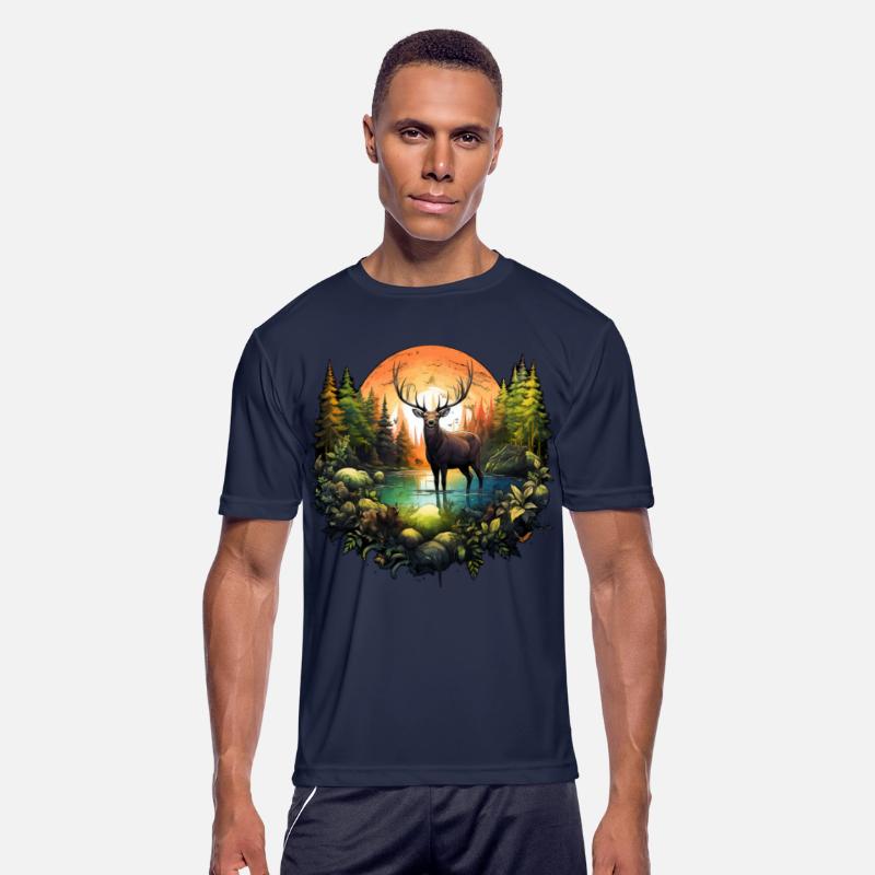 Reindeer between trees river and nature