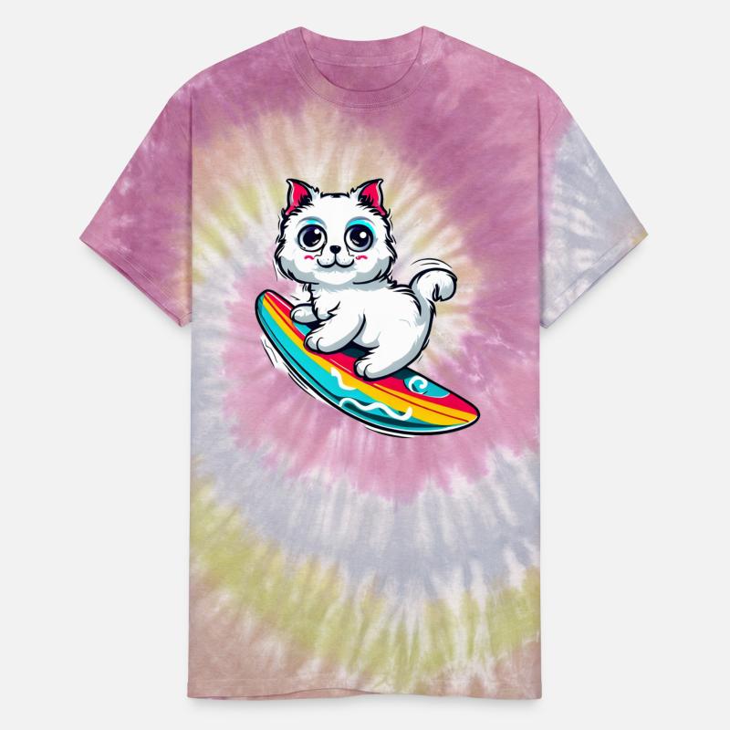 White cat on colorful surfboard