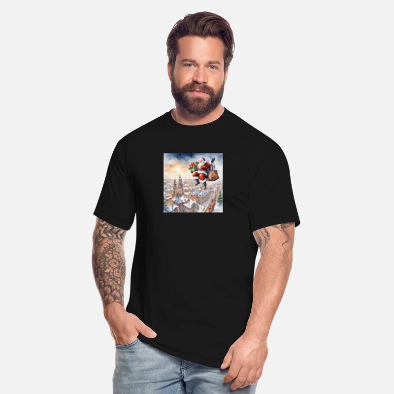 Christmas and Santa Claus descending from the sky.