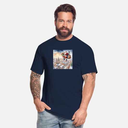 Christmas and Santa Claus descending from the sky.