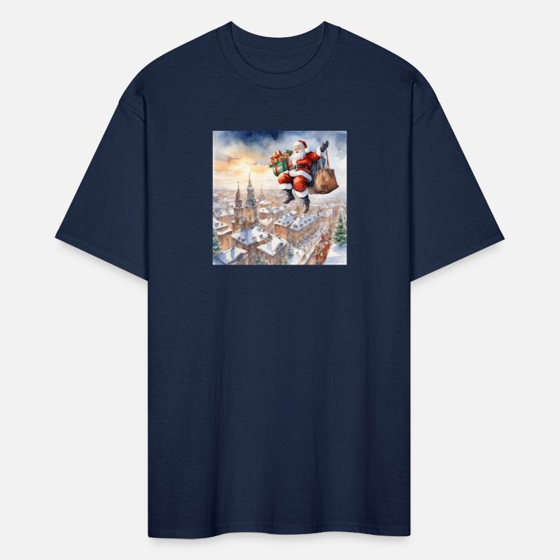 Christmas and Santa Claus descending from the sky.