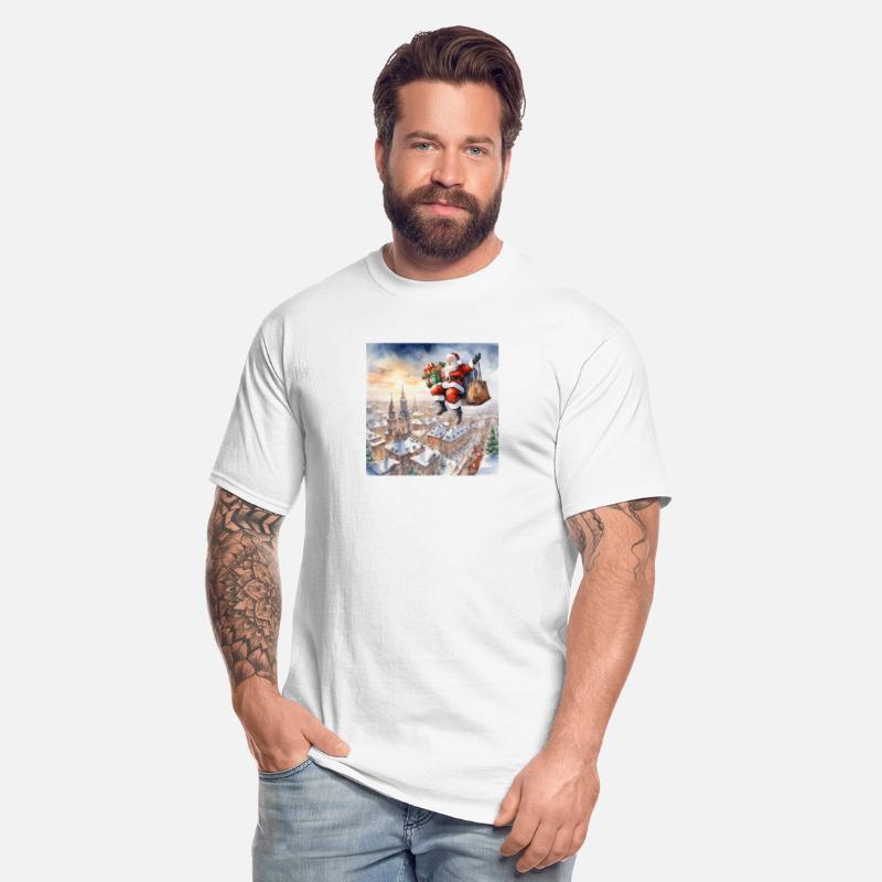 Christmas and Santa Claus descending from the sky.