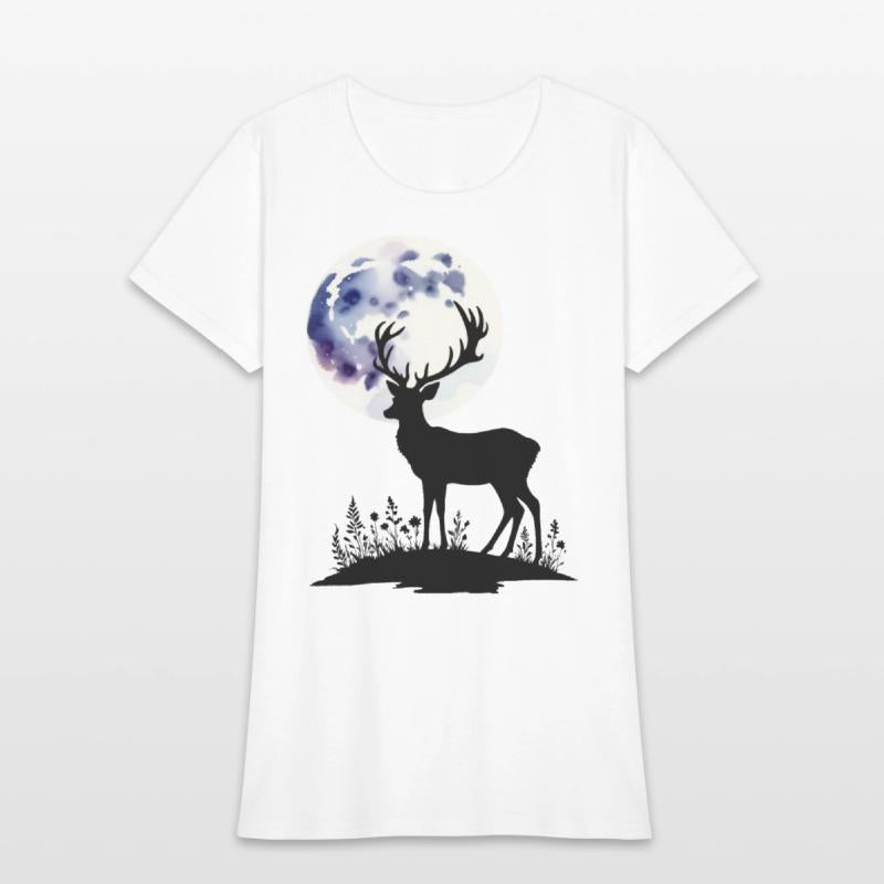 Deer Silhouette Against Watercolor Moon