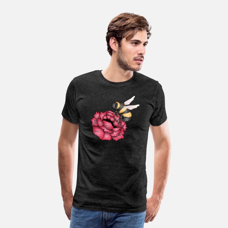 Drawing of a flying bumblebee with a red flower