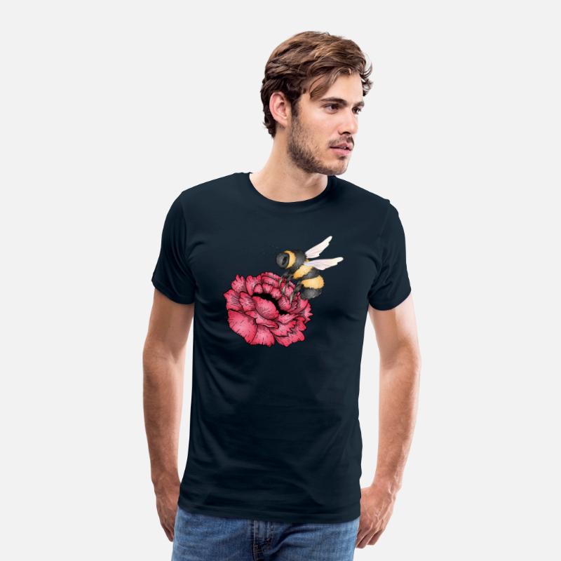 Drawing of a flying bumblebee with a red flower