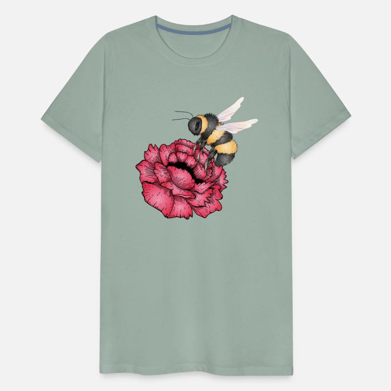 Drawing of a flying bumblebee with a red flower