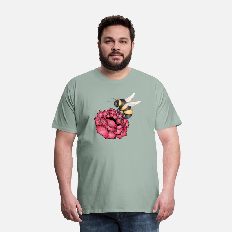 Drawing of a flying bumblebee with a red flower