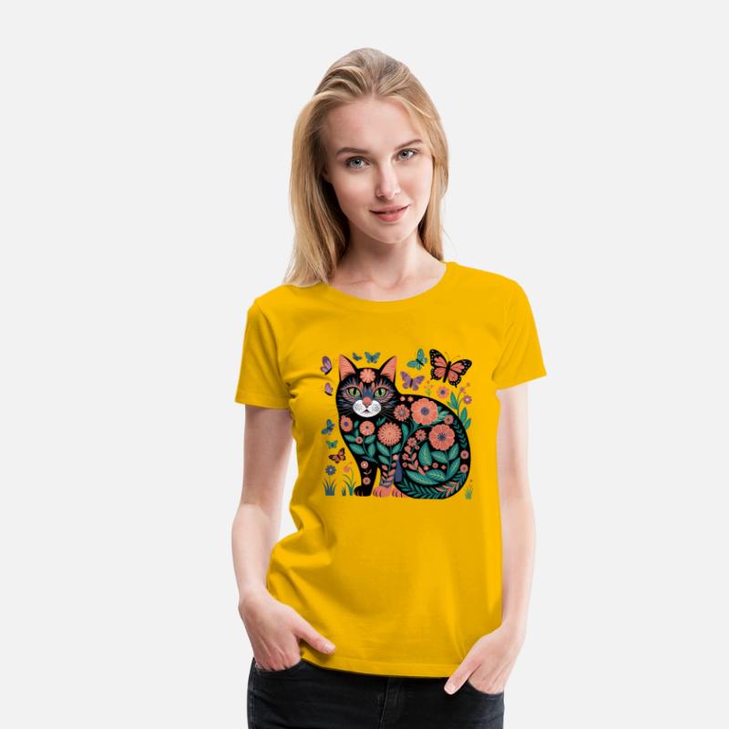 Floral Folk Art Cat Illustration