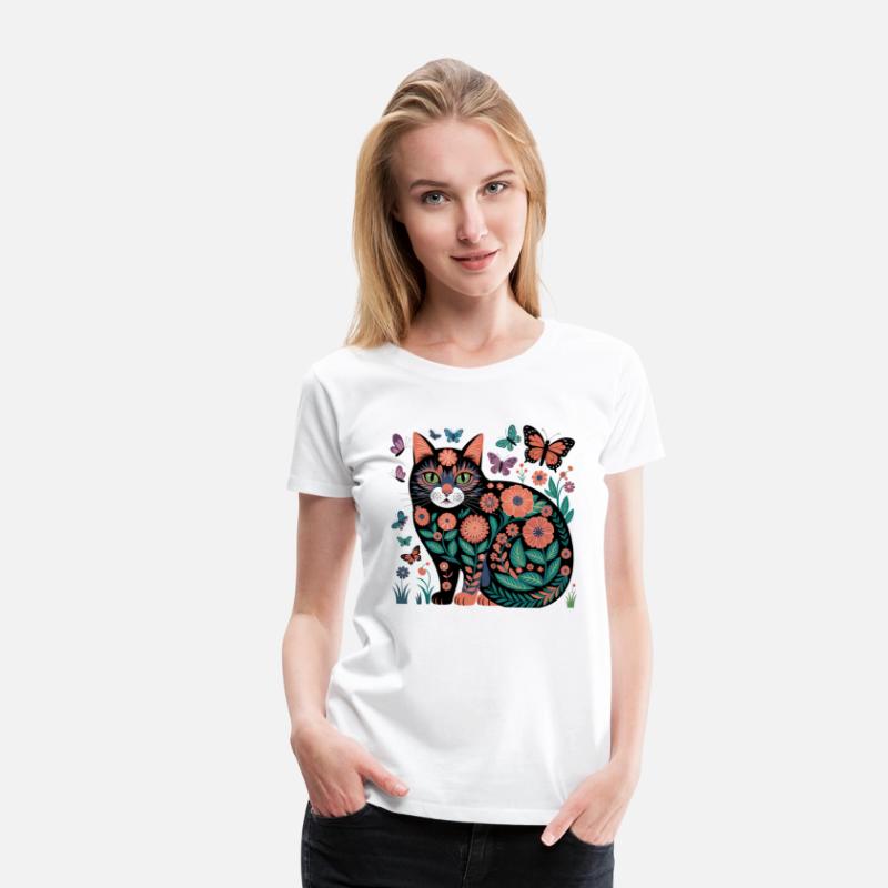 Floral Folk Art Cat Illustration