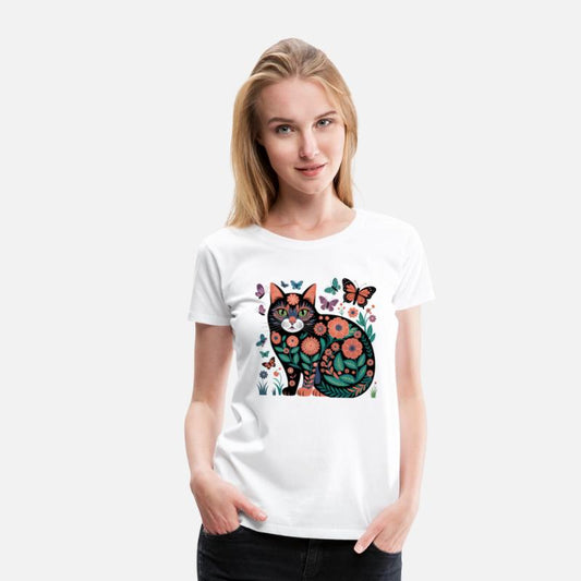 Floral Folk Art Cat Illustration