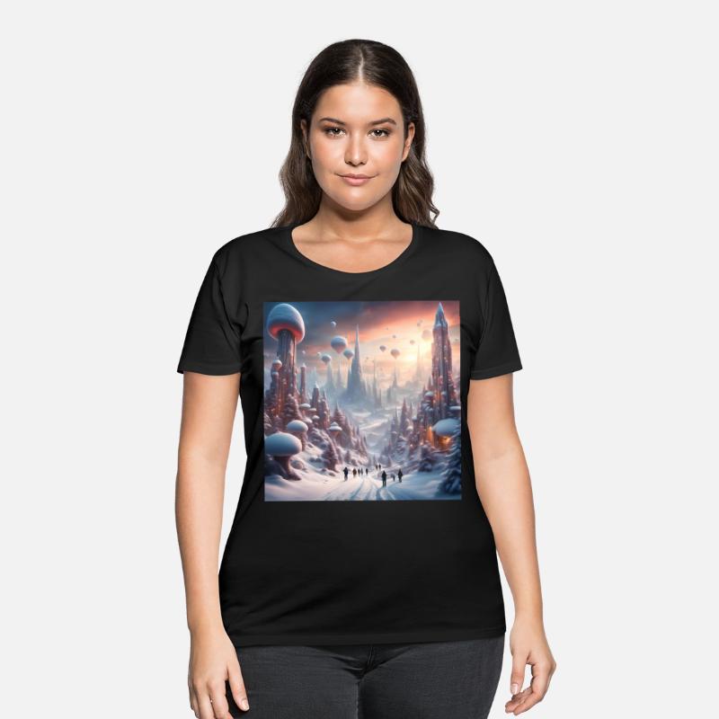 Futuristic Snowy Cityscape with Floating Balloons