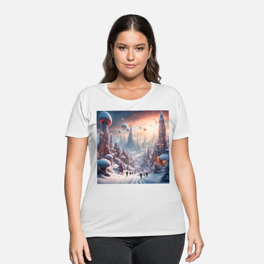 Futuristic Snowy Cityscape with Floating Balloons