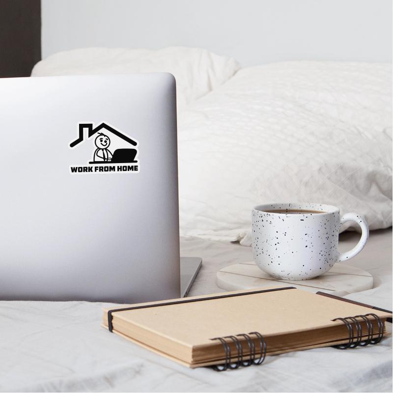 Home working house with stick figure behind laptop