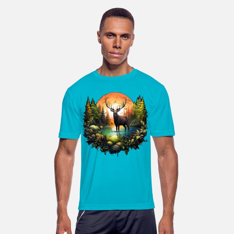 Reindeer between trees river and nature