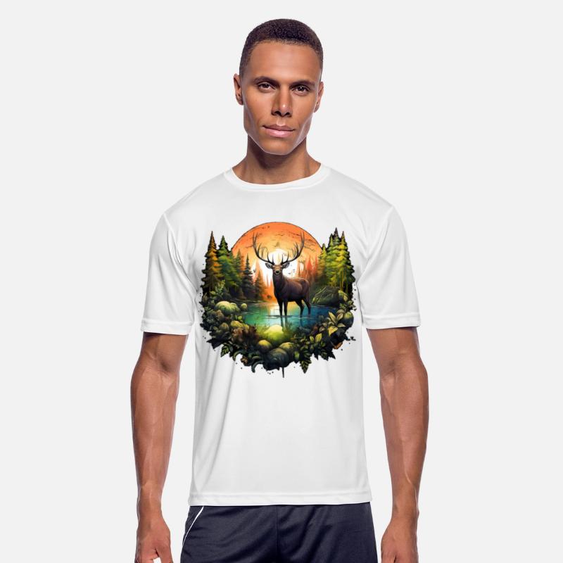 Reindeer between trees river and nature