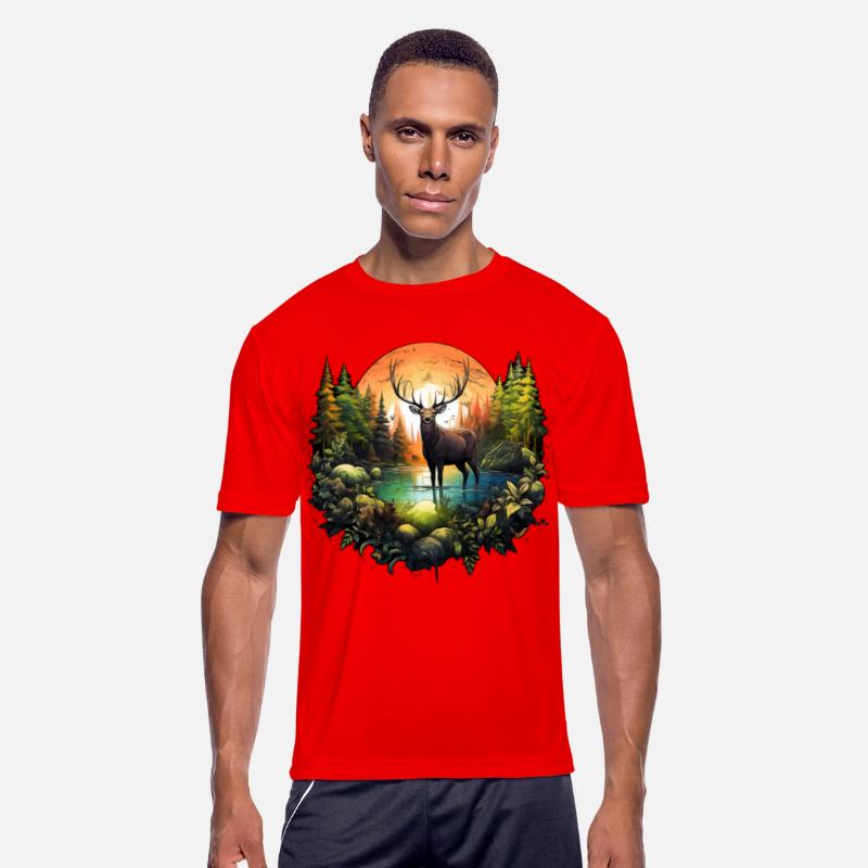 Reindeer between trees river and nature