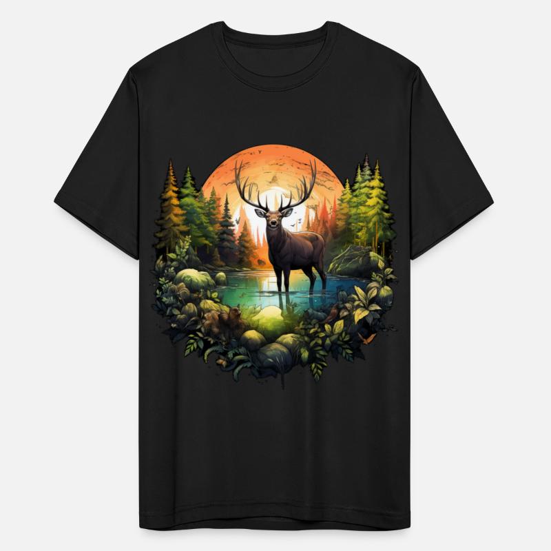 Reindeer between trees river and nature