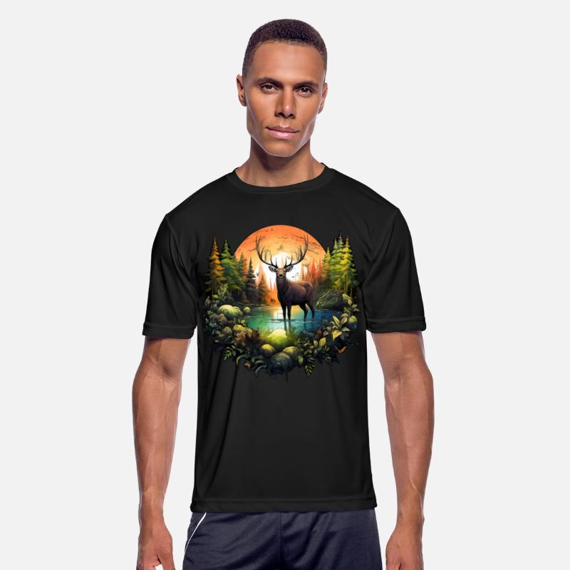 Reindeer between trees river and nature