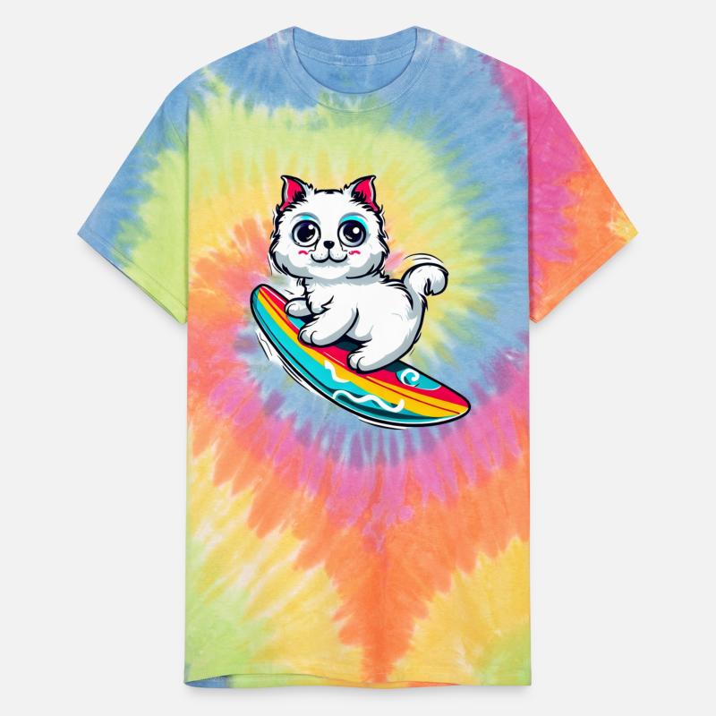 White cat on colorful surfboard