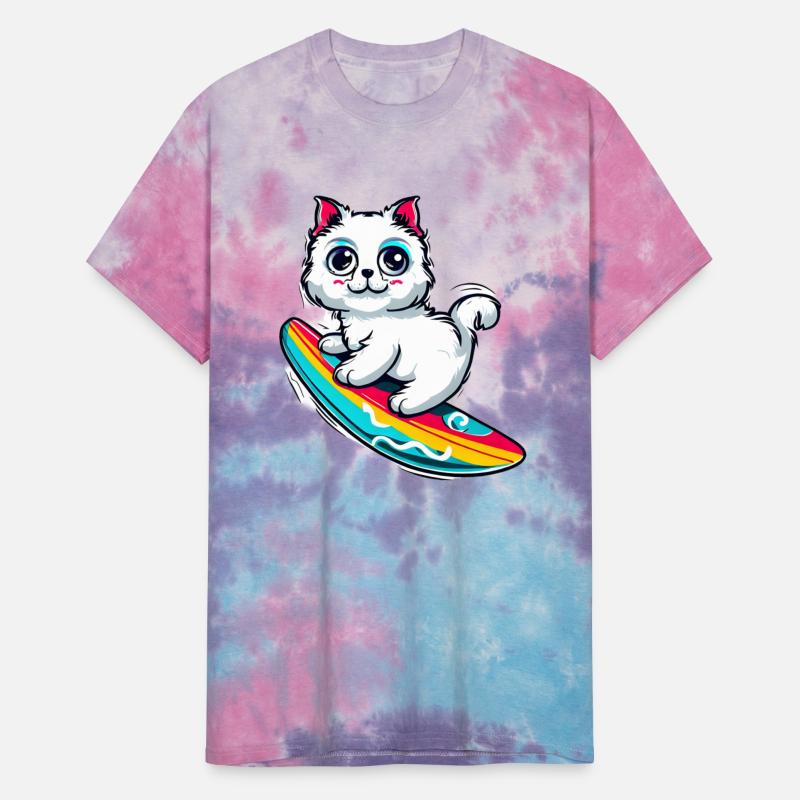 White cat on colorful surfboard