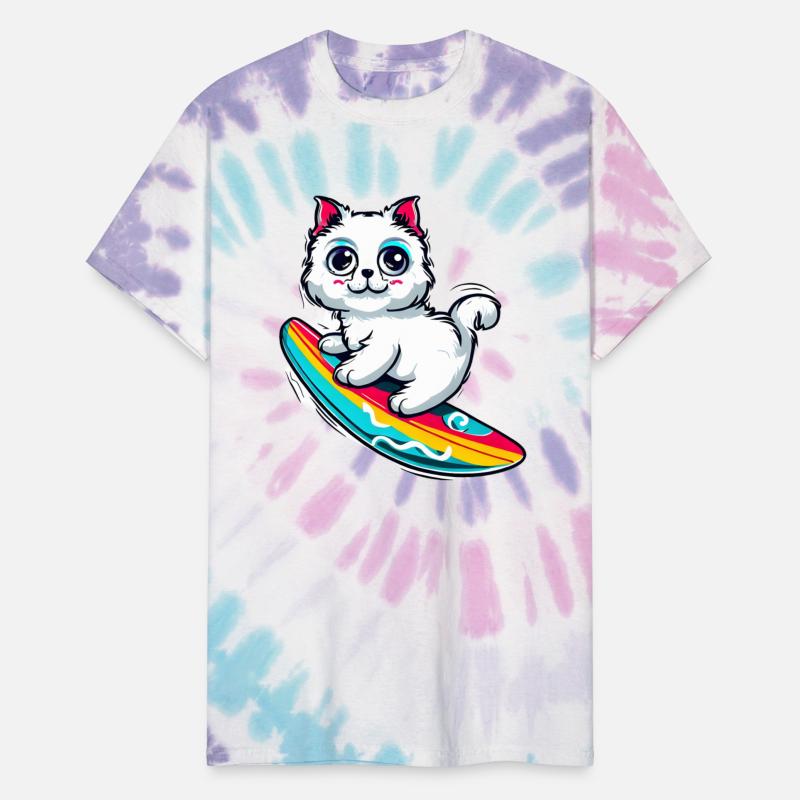 White cat on colorful surfboard