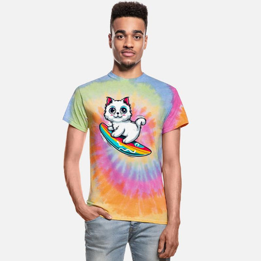 White cat on colorful surfboard