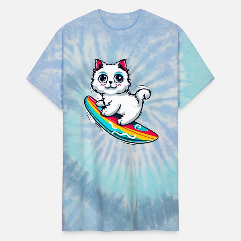 White cat on colorful surfboard